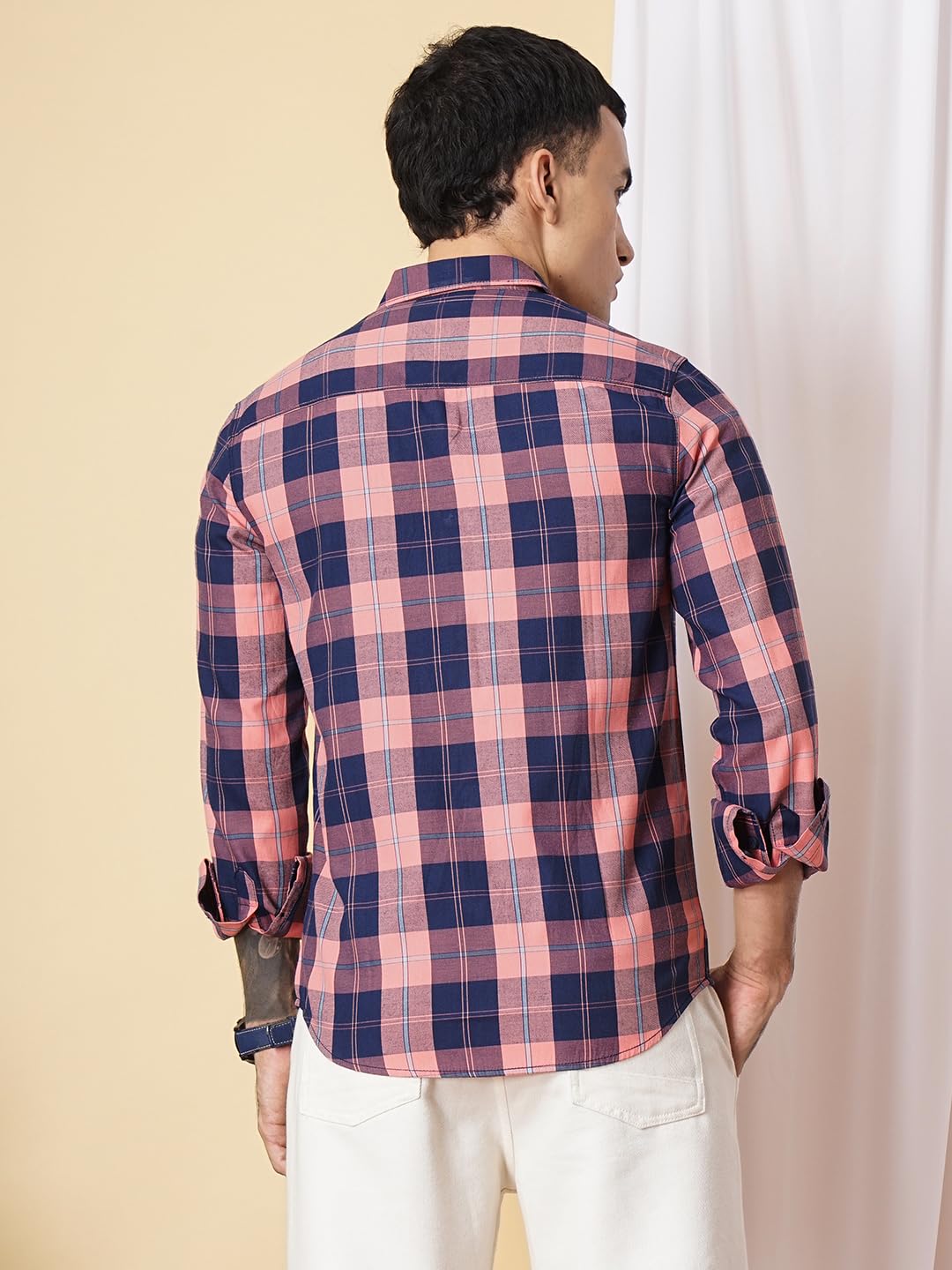 The Indian Garage Co Men Navy Checkered Slim Fit Cotton Casual Shirt