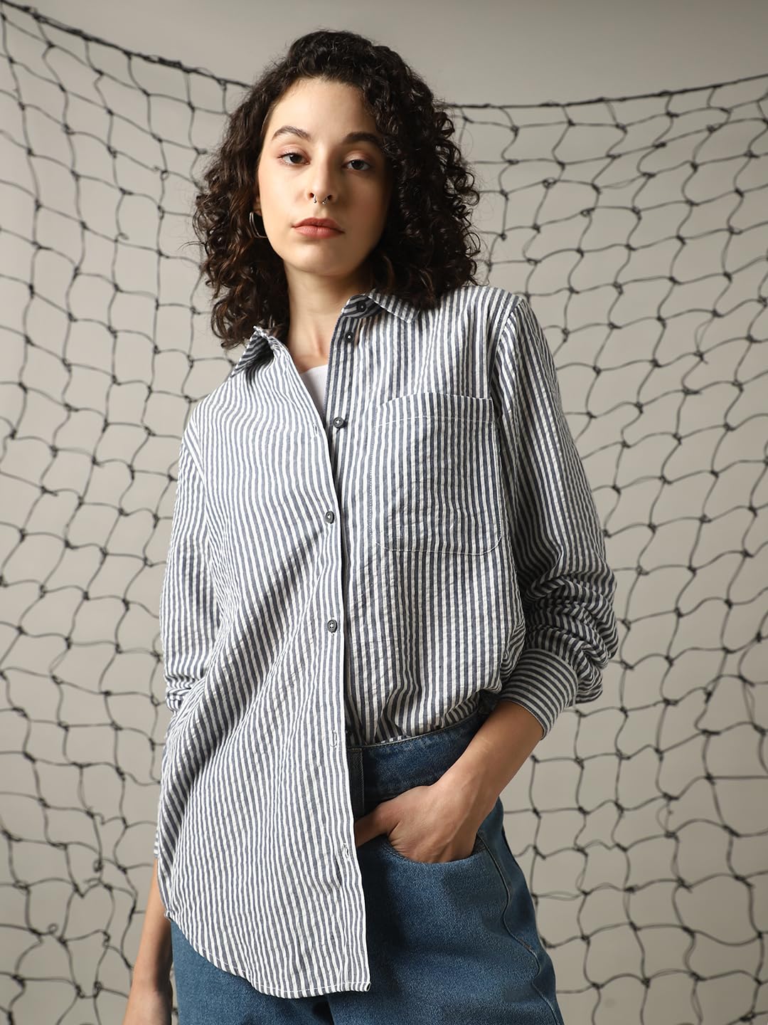 Hubberholme Women Cotton Schiffli Oversized Fit Spread Collar Full Sleeves Shirts
