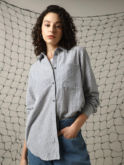 Hubberholme Women Cotton Schiffli Oversized Fit Spread Collar Full Sleeves Shirts