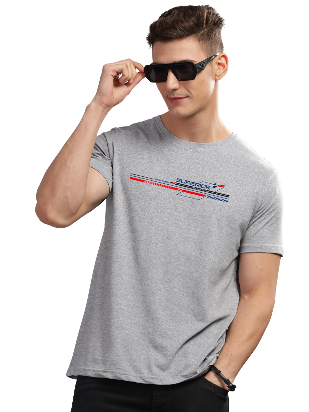 ADRO Men's Graphic Printed 100% Cotton T-Shirt - Regular Fit, Printed T-Shirts for Men (RN24-RAC-GR_Grey)
