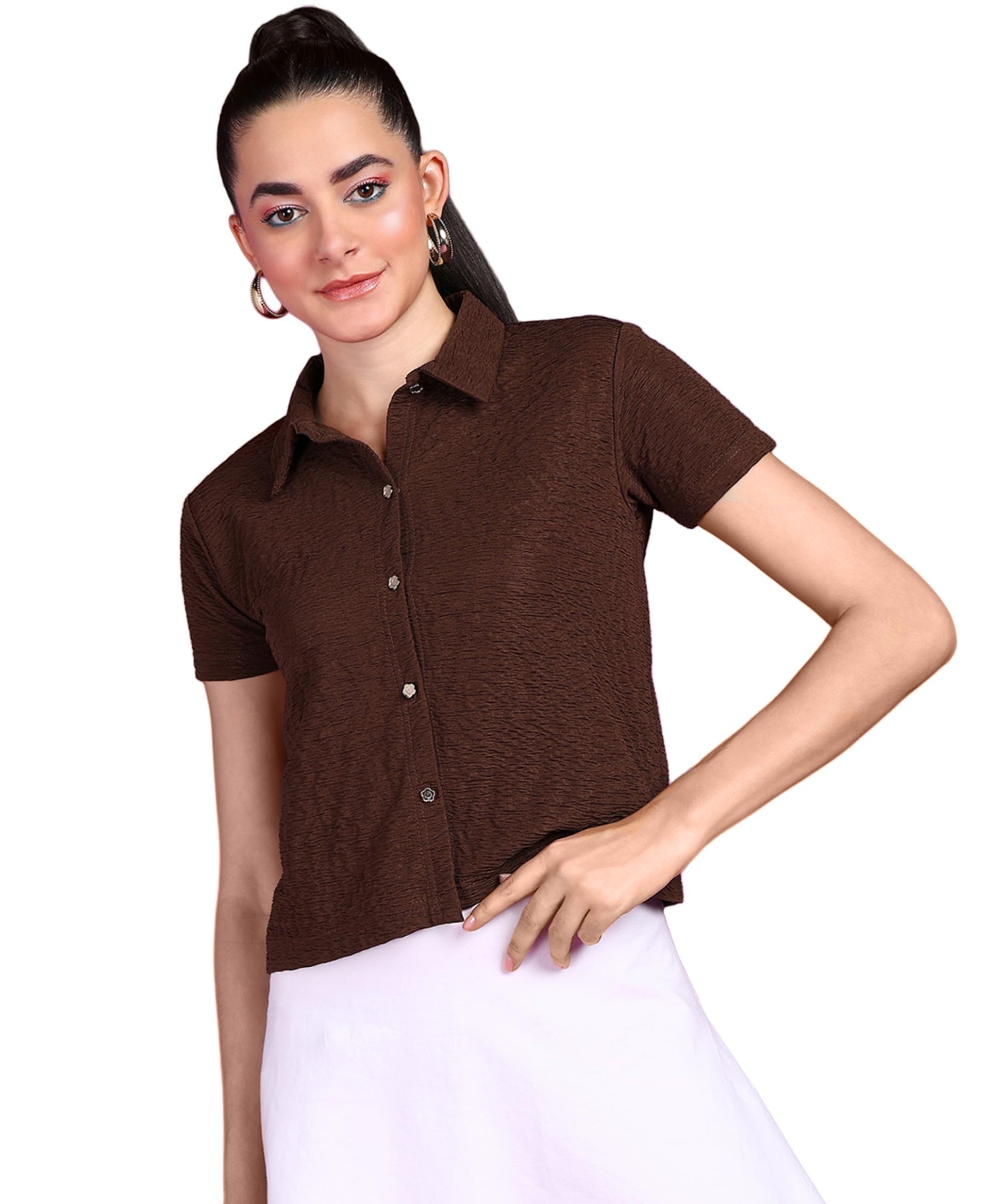 POPWINGS Women Casual Brown Rimjhim Solid Shirt