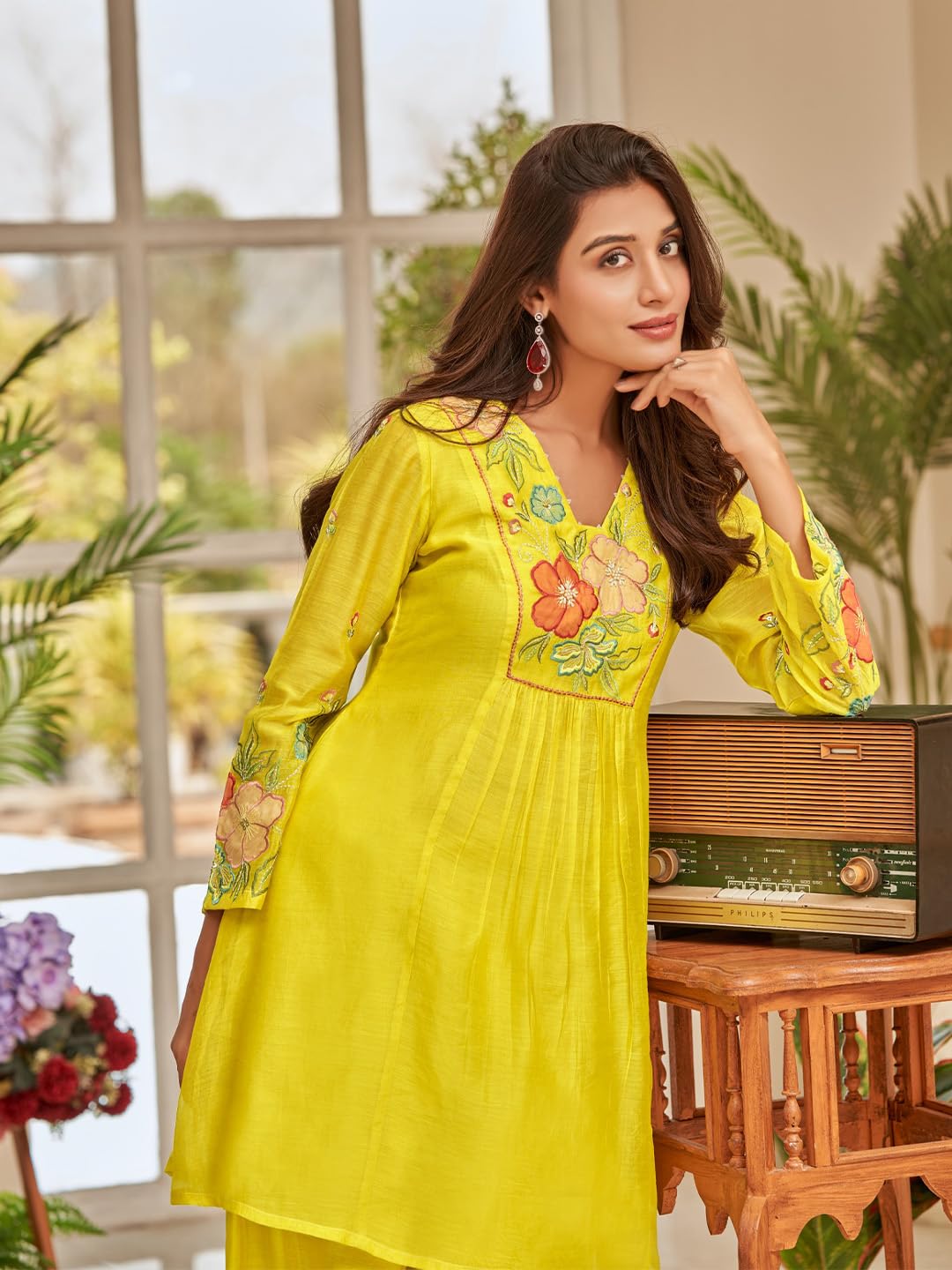 Varanga Floral Thread Embroidered Yoke Flared Kurta With Palazzo