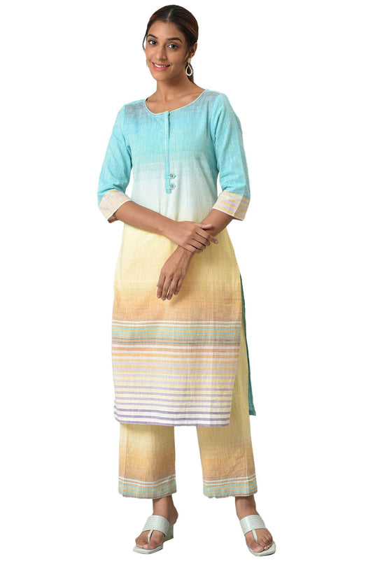 Aurelia Women Blue Yarn-Dyed Round Neck Kurta With Yellow Pants