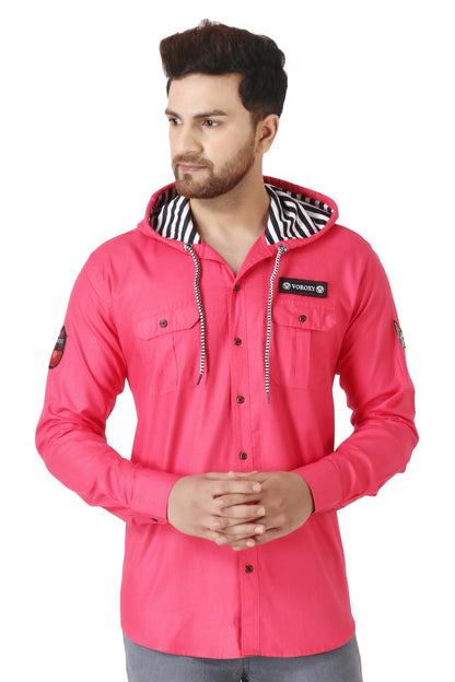 Besix MenS Pink Tailored Fit Cotton Blend Shirt For Man With Hoodie - Casual Long Sleeve Shirt With Pockets - Patch Detail For