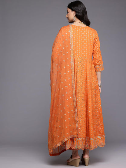Varanga Women Orange Mirror And Thread Embroidered,Zari Embellished Scalloped Schiffli Anarkali Kurta Paired Wirh Printed Bottom