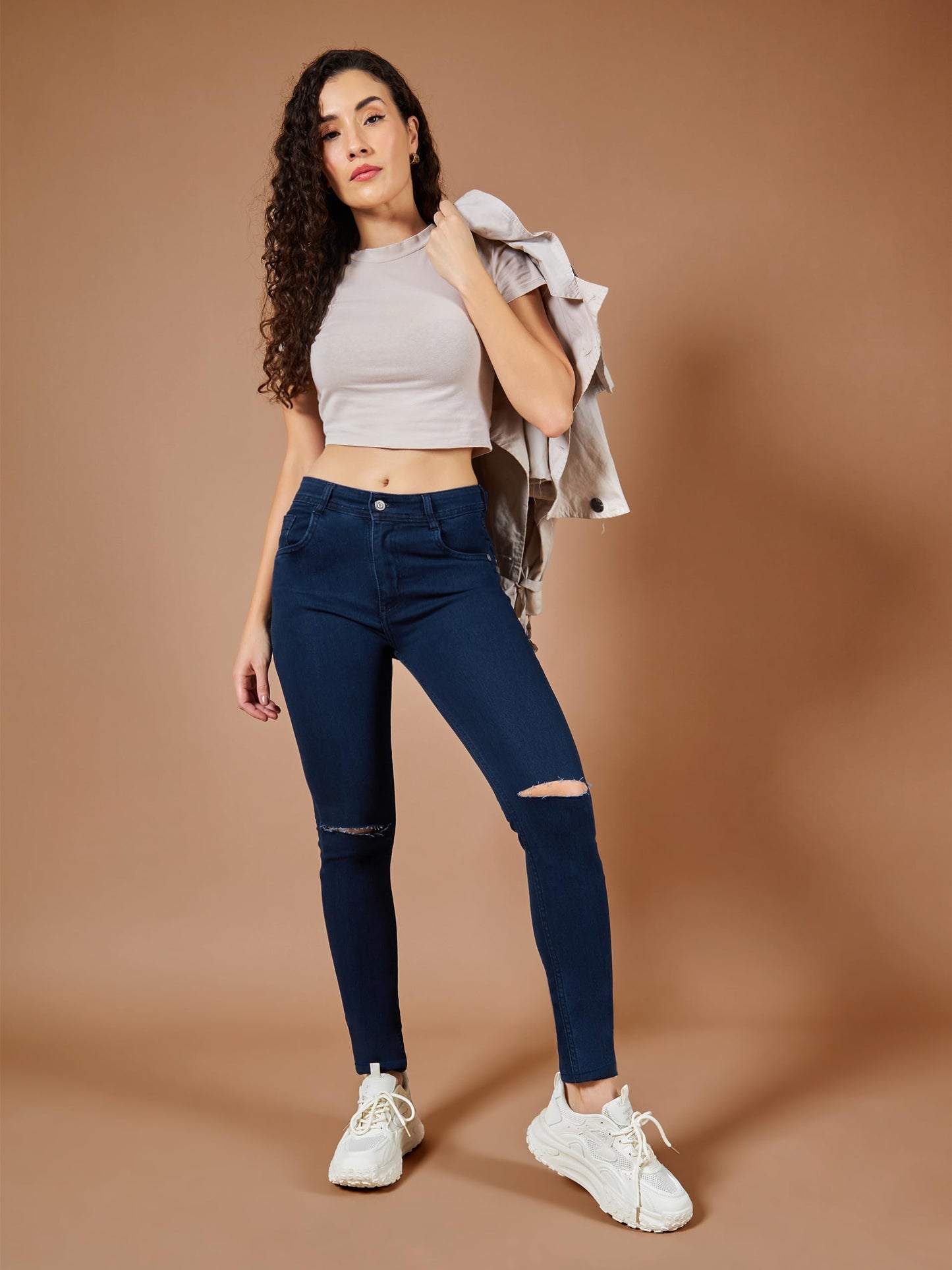 Dolce Crudo Womens Navy Blue Skinny Fit High Rise Regular Length Clean Look Knee Slit Denim Stretchable Jeans(DOSS18DEN02-37-71