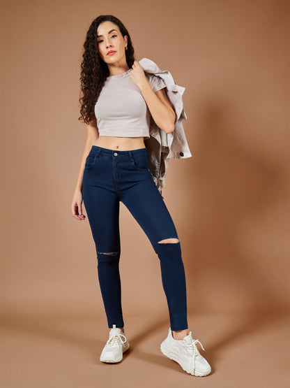 Dolce Crudo Womens Navy Blue Skinny Fit High Rise Regular Length Clean Look Knee Slit Denim Stretchable Jeans(DOSS18DEN02-37-71