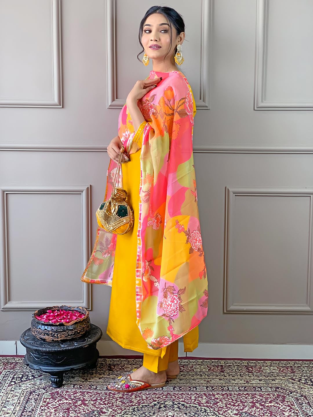 Naixa Womens Yellow Rayon Blend Embroidered Straight Kurta with Rayon Blend Pant and Organza Printed Dupatta Sets (NX-506-Yello