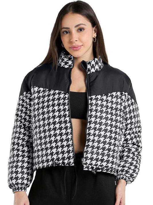 Bewakoof Womens All Over Printed Oversized Fit Full Sleeve High Neck Nylon Jacket_682741_Black_2XL