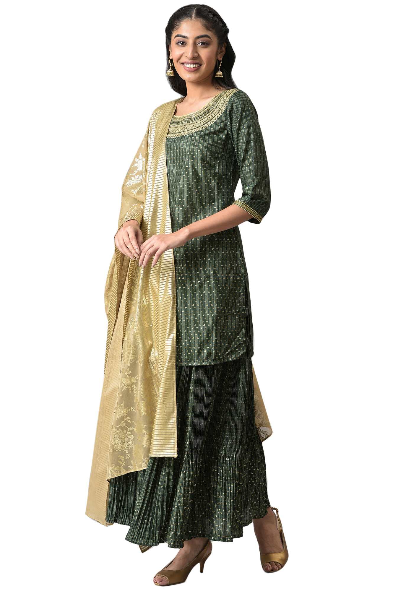 Aurelia Women Green Embroidered Kurta With Flared Skirt And Golden Dupatta