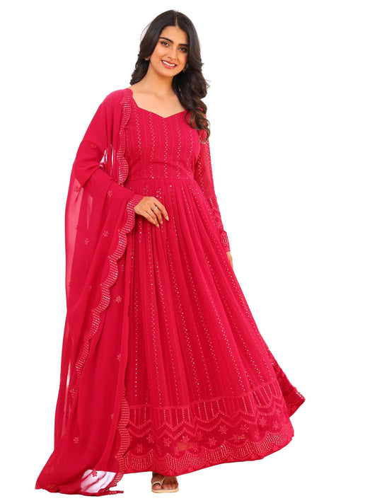 Fashion Basket Georgette Embroidered Anarkali Kurta Set For Women Pink