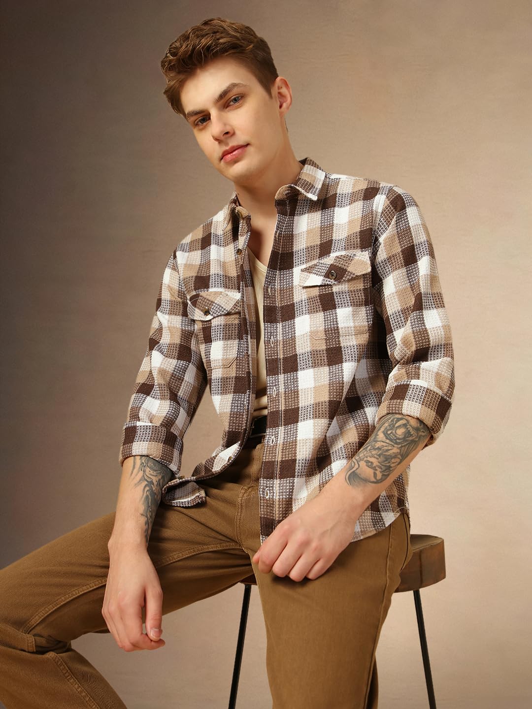 Dennis Lingo Men Relaxed Fit Cotton Full Sleeves Checks Casual Shirts Brown