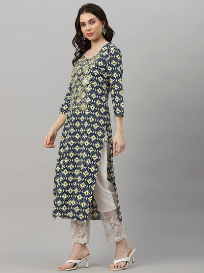 GoSriKi Women's Cotton Blend Printed & Embroidered Straight Kurta