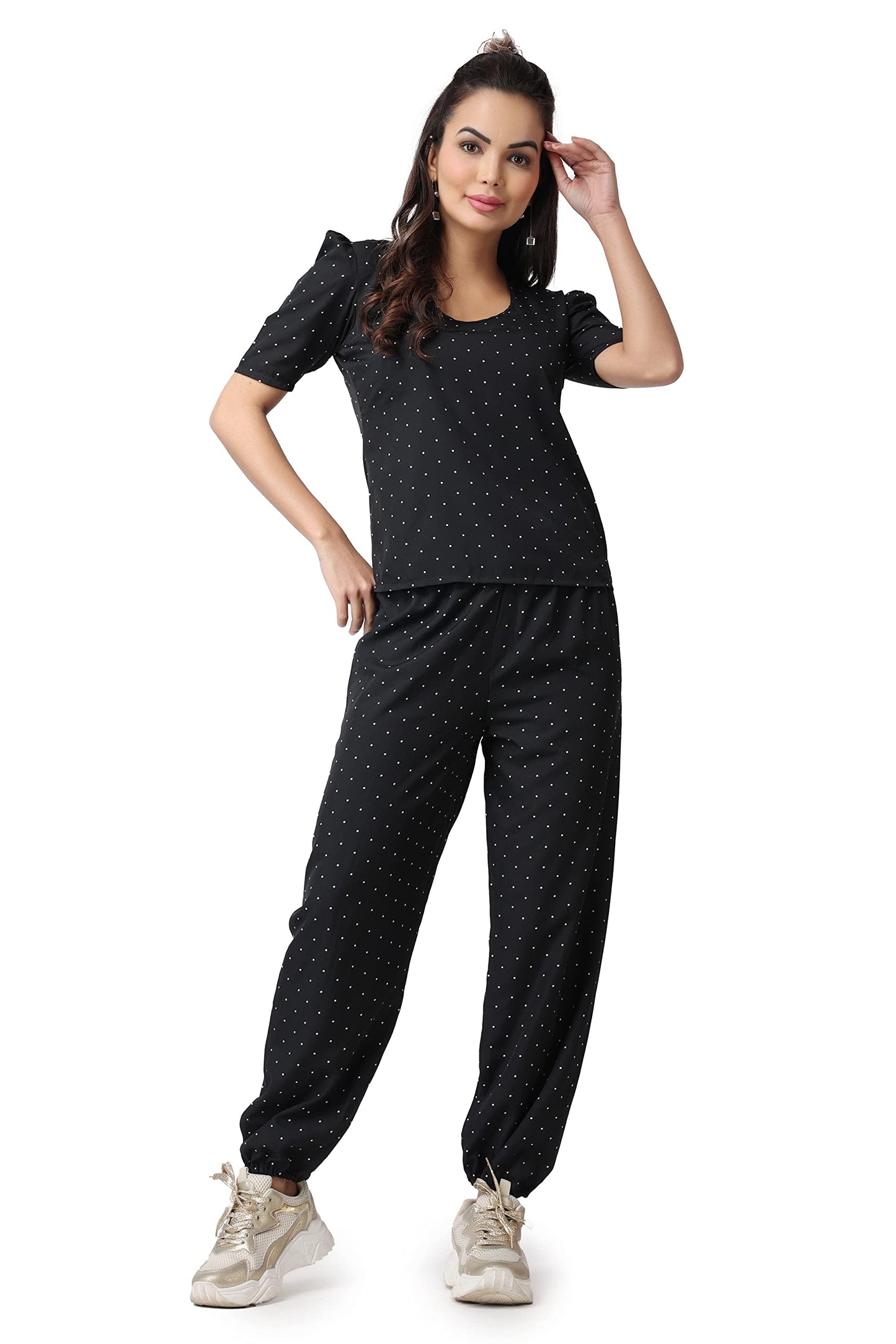 POPWINGS Casual Printed Top and Joggers Set for Women || Stylish Summer Co-Ords Set for Women || Round-Neck Top and Joggers Comb