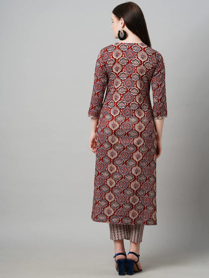 GoSriKi Women's Cotton Blend Traditional Straight Printed Kurta and Pant Set (Priyani-GS)