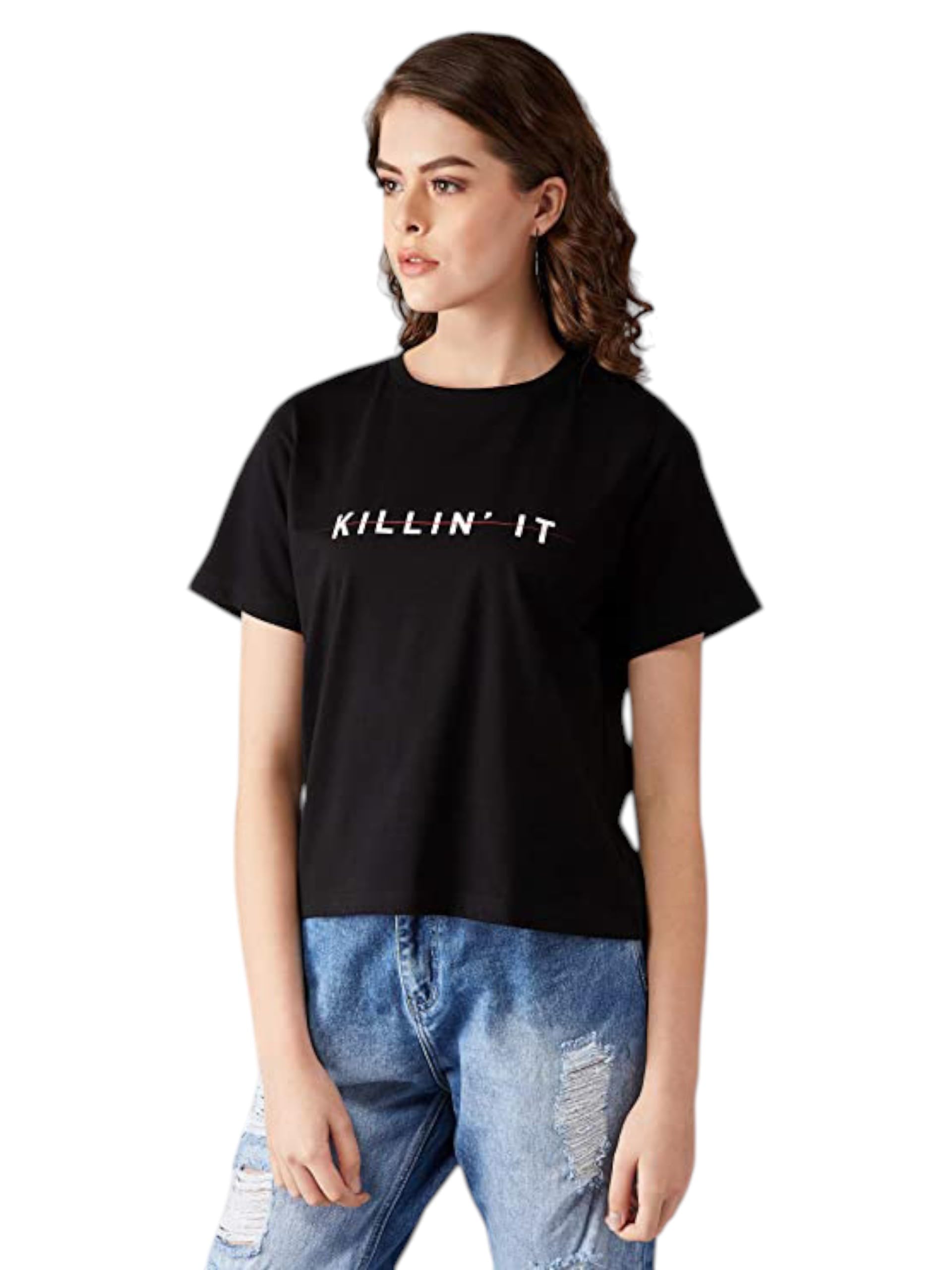 Miss Chase WomenS Round Neck Short Sleeve Cropped Printed T-Shirt (Mcaw25Tp98-56-Fgb-06, Crow Black, Xl)