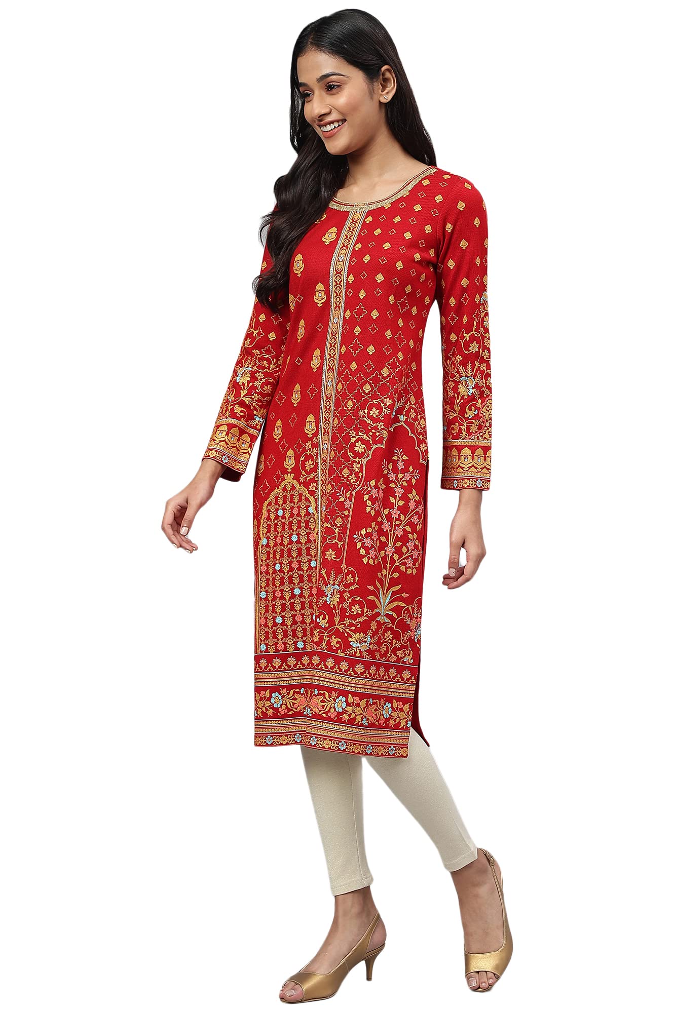 Aurelia Women's Acrylic Straight Fit Straight Haute Red Floral Printed Kurta