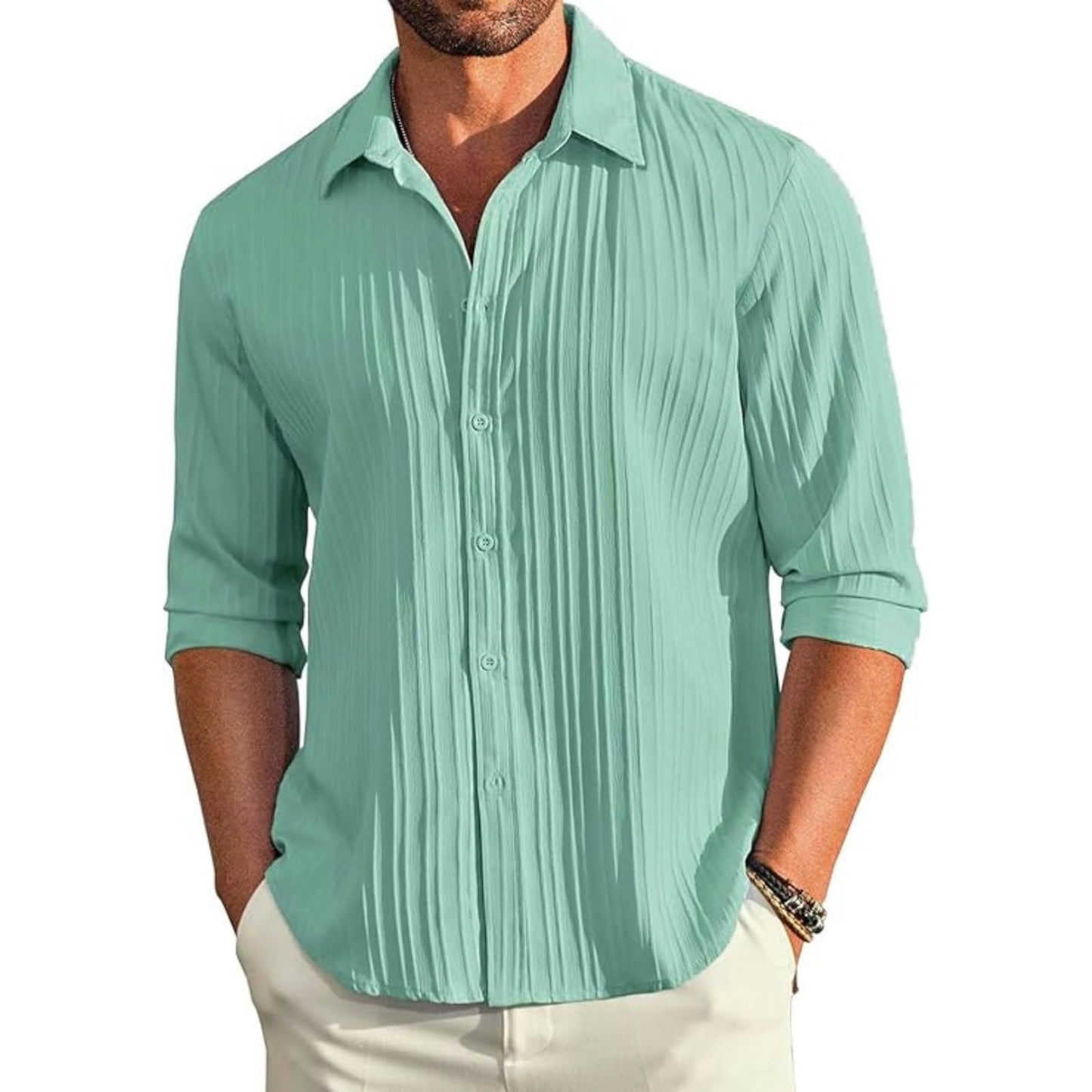 Deelmo MenS Button Down Dress Shirts Textured Long Sleeve Casual Hawaiian Beach Shirt Sea Green