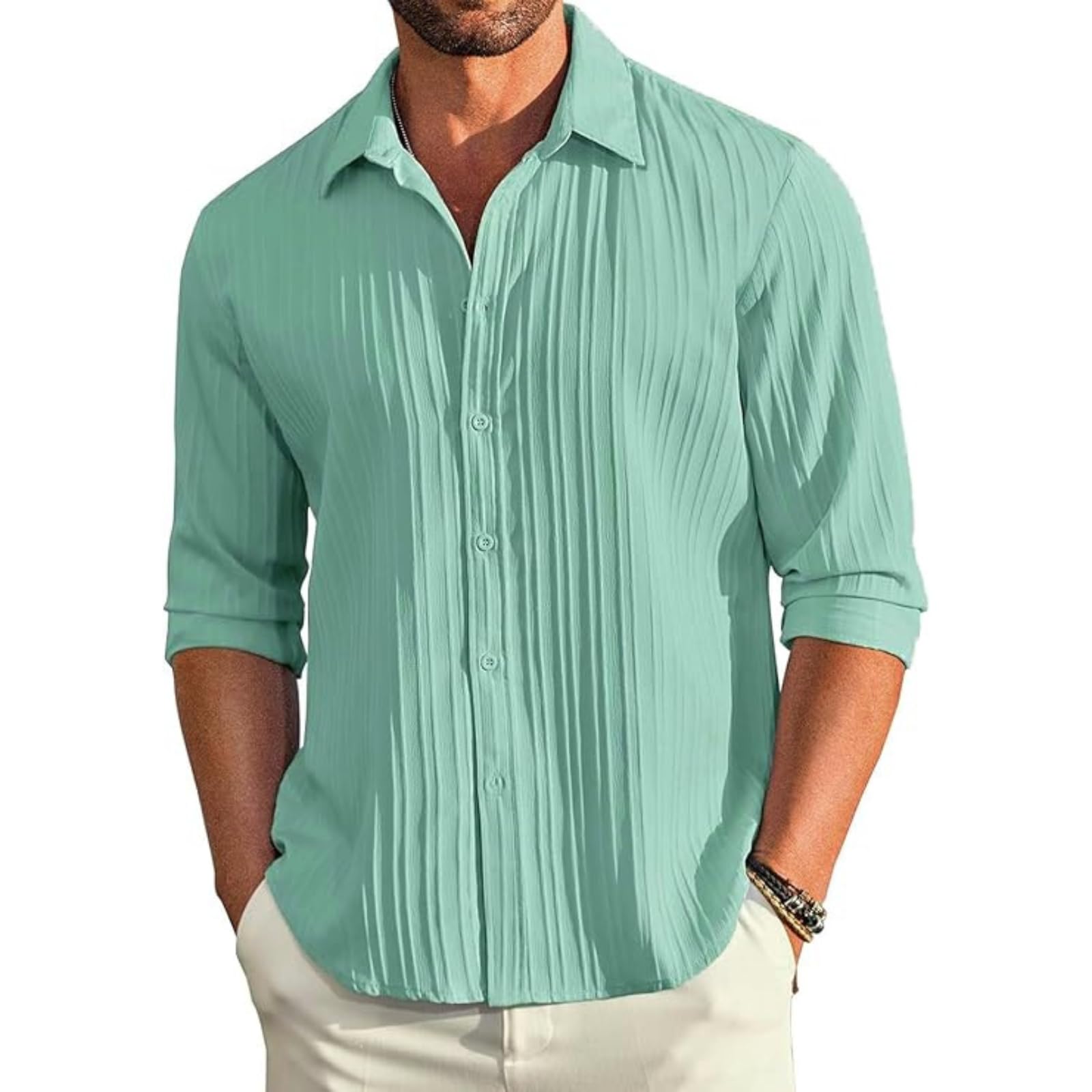 Deelmo MenS Button Down Dress Shirts Textured Long Sleeve Casual Hawaiian Beach Shirt Sea Green