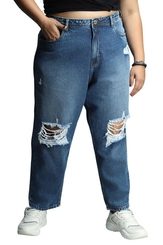 High Star Women Plus Size Mom Fit Mildly Distressed Light Fade Jeans Indigo