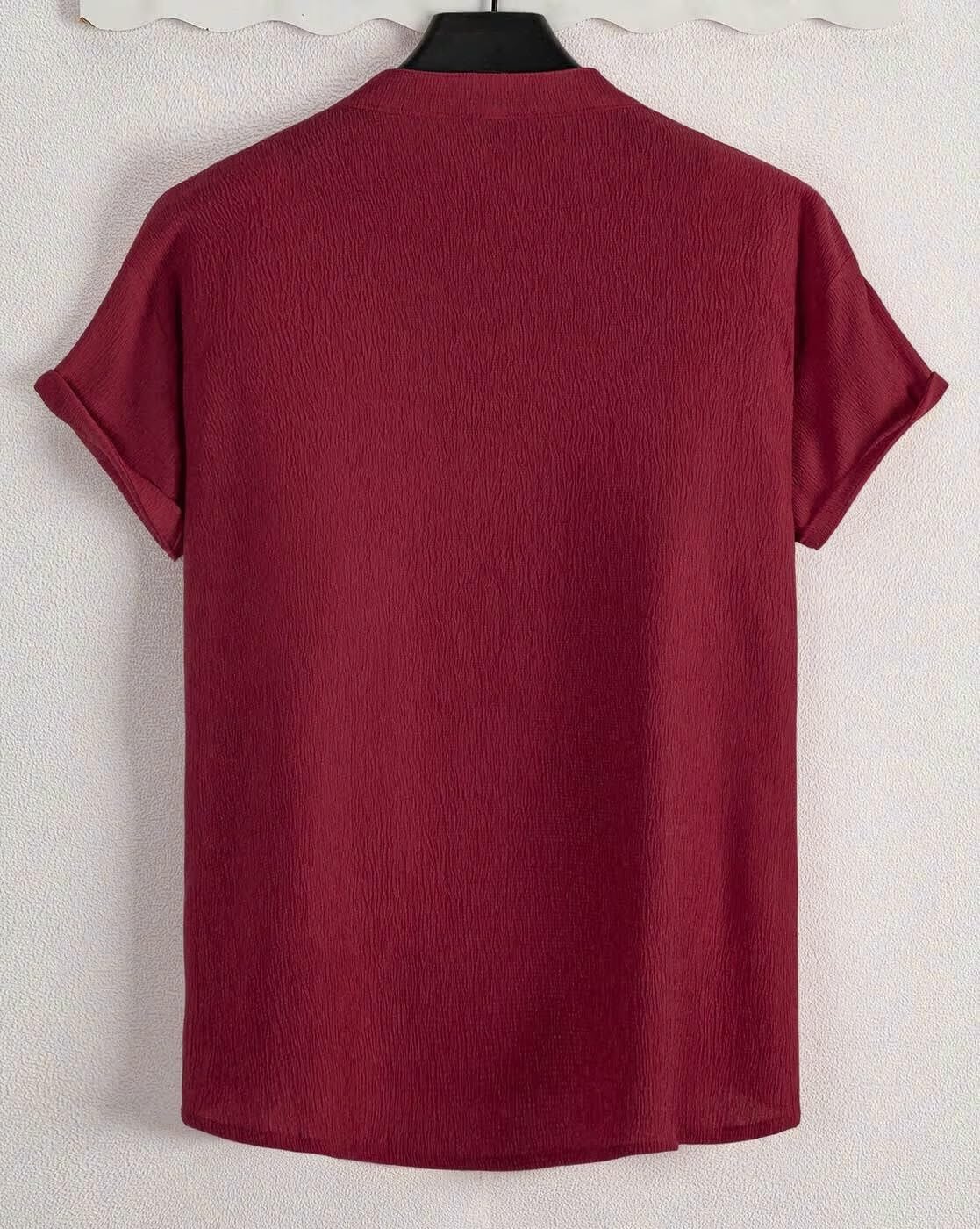 Trillmixa MenS Polyester Shirt With Mandarin Collar Neck Line Half Sleeves Solid Pattern Relaxed Fit And Standard Length Maroon