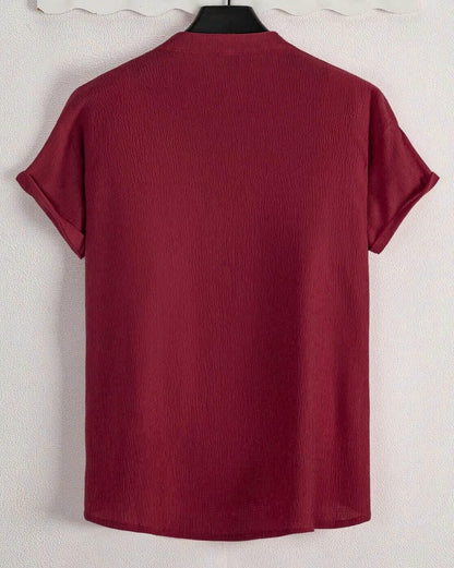 Trillmixa MenS Polyester Shirt With Mandarin Collar Neck Line Half Sleeves Solid Pattern Relaxed Fit And Standard Length Maroon