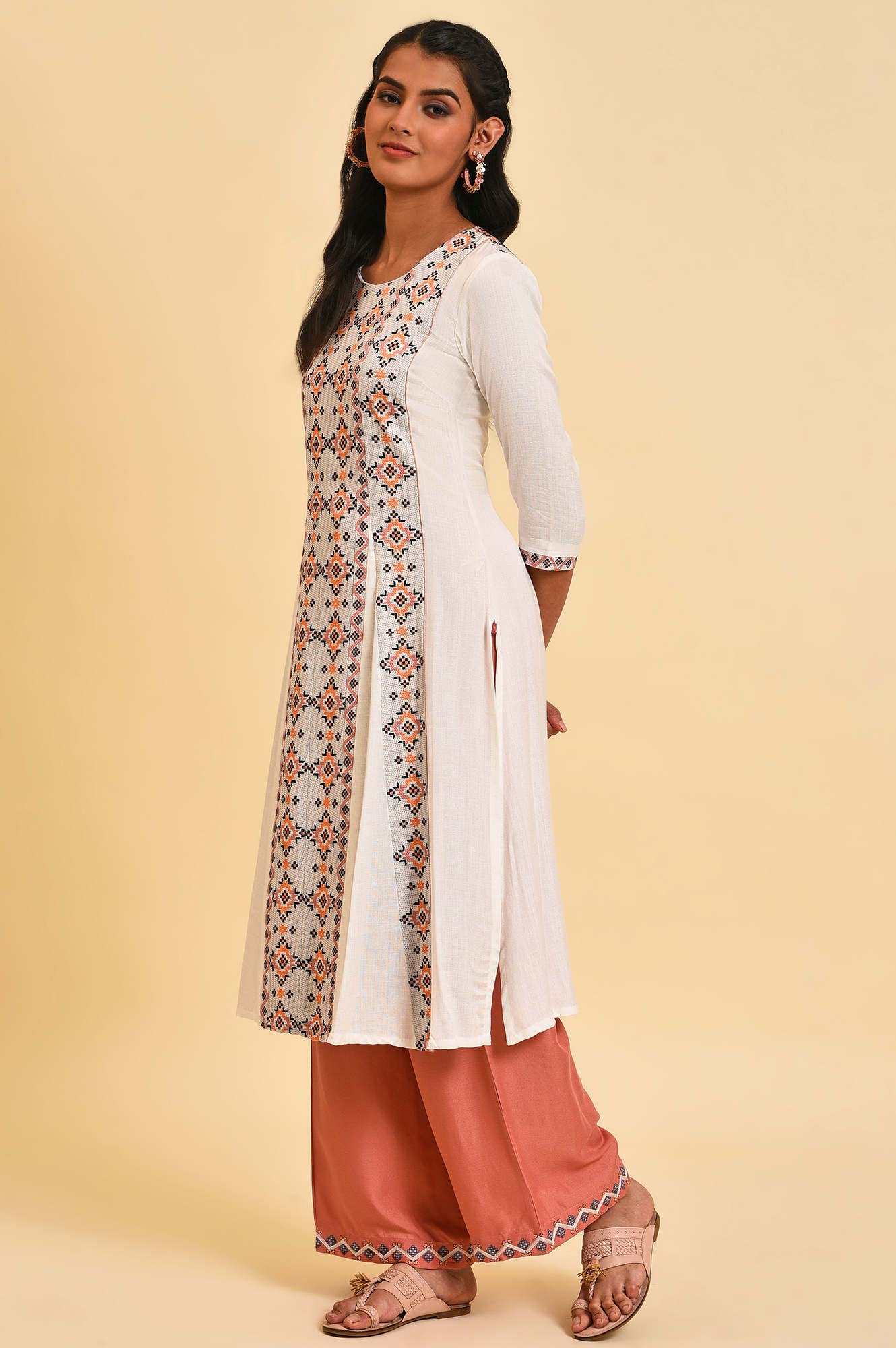 W for Woman Ecru Geometric Print Round Neck Summer Kurta