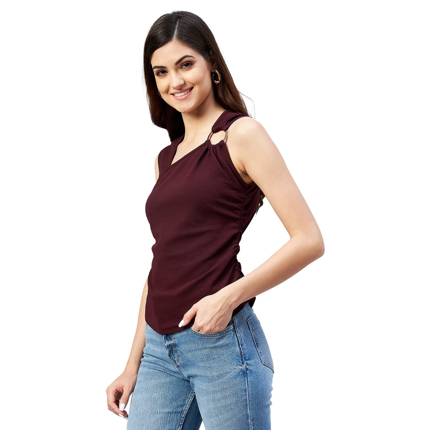 Rare Women Casual Wine Colour V-Neck Solid Regular Top