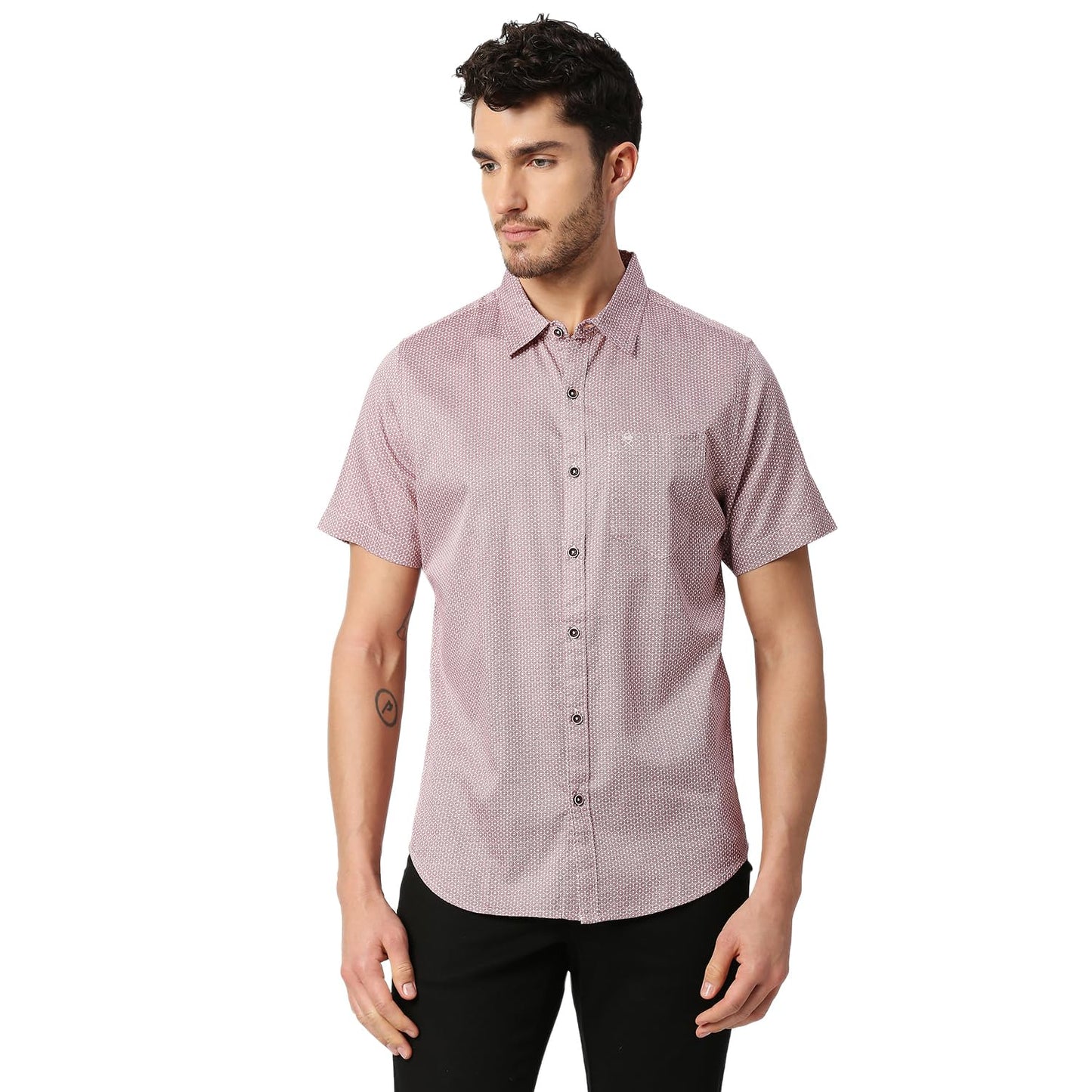 Thomas Scott Mens Printed Slim Fit 100% Cotton Casual Shirt with Spread Collar and Half Sleeve Maroon
