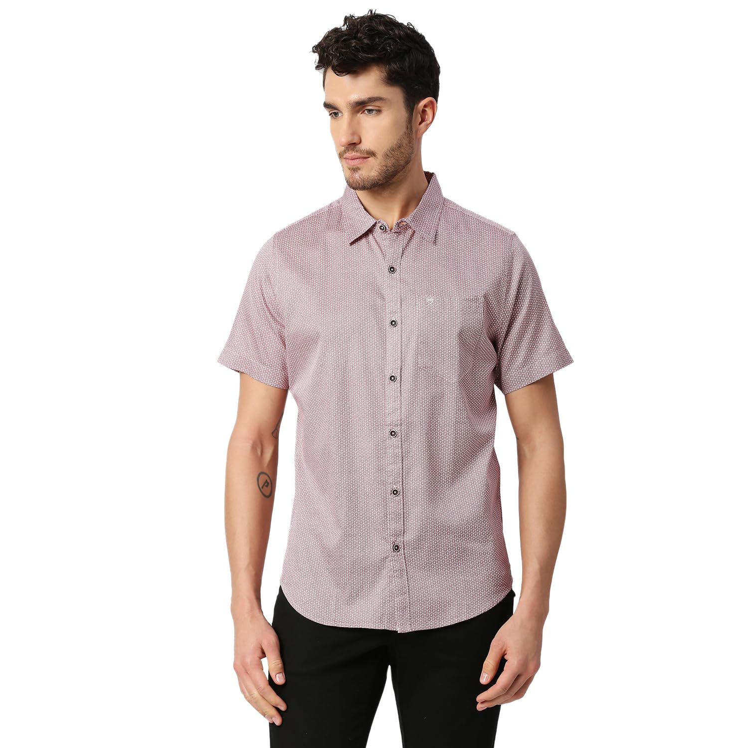 Thomas Scott Mens Printed Slim Fit 100% Cotton Casual Shirt with Spread Collar and Half Sleeve Maroon