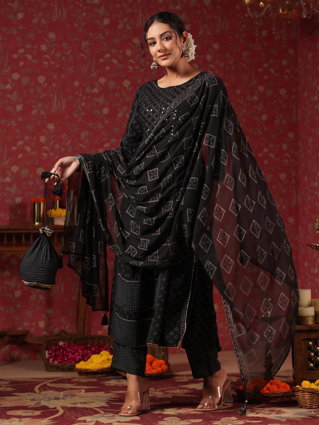 ishin Women's Ethnic Motifs Mirror Work Black Flared Kurta Suit Set with Trousers and Dupatta