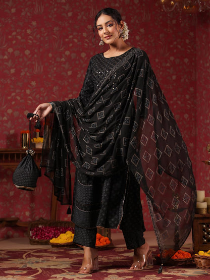ishin Women's Ethnic Motifs Mirror Work Black Flared Kurta Suit Set with Trousers and Dupatta