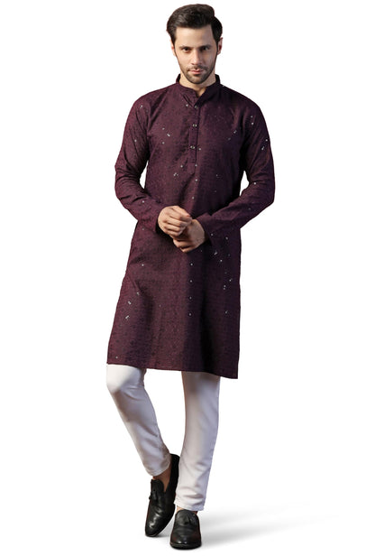 Toplot Kurta For Men || MenS Ethnic Wear Sequin Embroidered Cotton Blend Kurta Set || MenS Kurta (Men-Seq-Kurta-Set-5209-Wine-