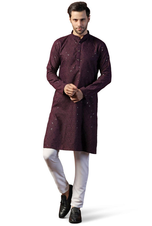Toplot Kurta For Men || MenS Ethnic Wear Sequin Embroidered Cotton Blend Kurta Set || MenS Kurta (Men-Seq-Kurta-Set-5209-Wine-