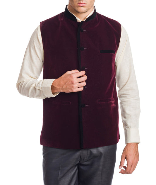 Wintage Men'S Velvet Bandhgala Festive Dark Maroon Nehru Jacket Waistcoat