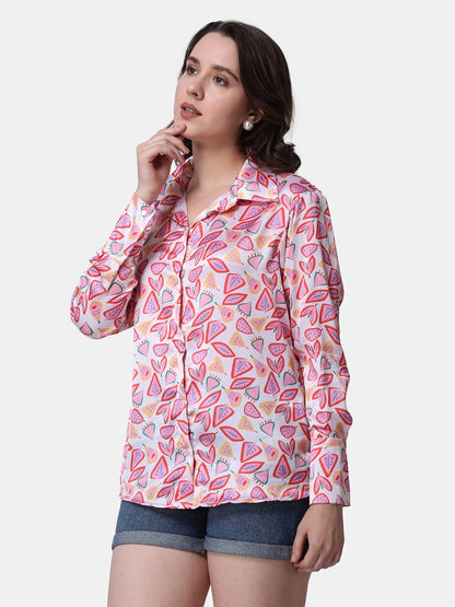 POPWINGS Printed Full-Sleeves Regular-Fit Satin Printed Shirt for Women Stylish Western Casual Wear Peach