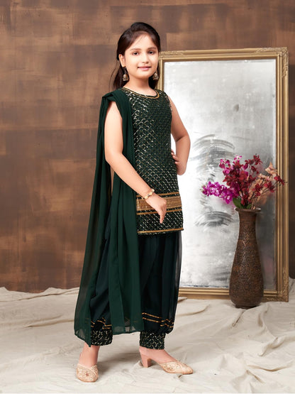 Aarika Girls Ethnic Wear D-Green Colour Sequin Embroidery Lace Work Georgette Kurti Patiala Set (10-15 Years)