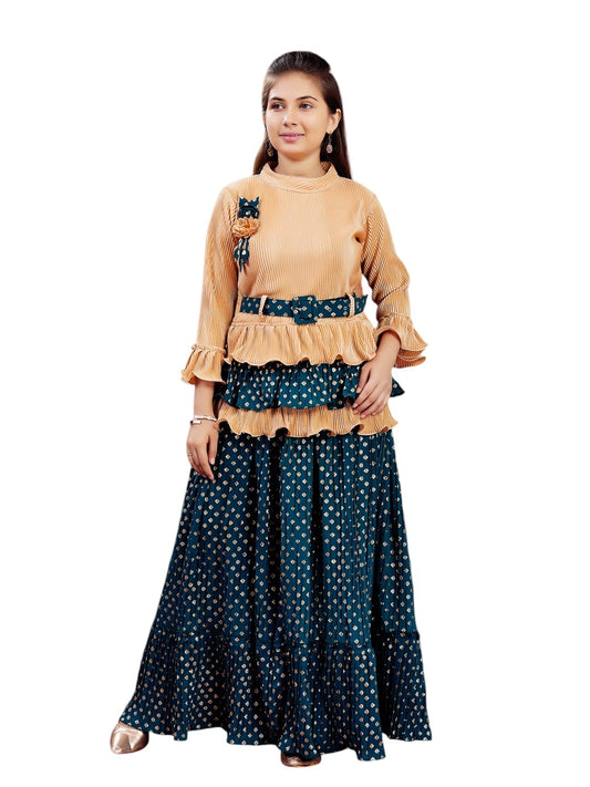 Aarika Girls Ethnic Wear Beige-Green Colour Foil Print Nylon Lehenga Choli Set With Belt (5-16 Years)