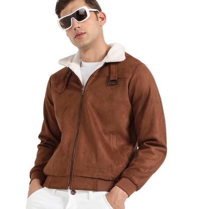 Campus Sutra Mens Brown Zip-Front Jacket With Fleece Detail For Casual Wear | Long Sleeve | High Neck | Zipper Closure | Suede