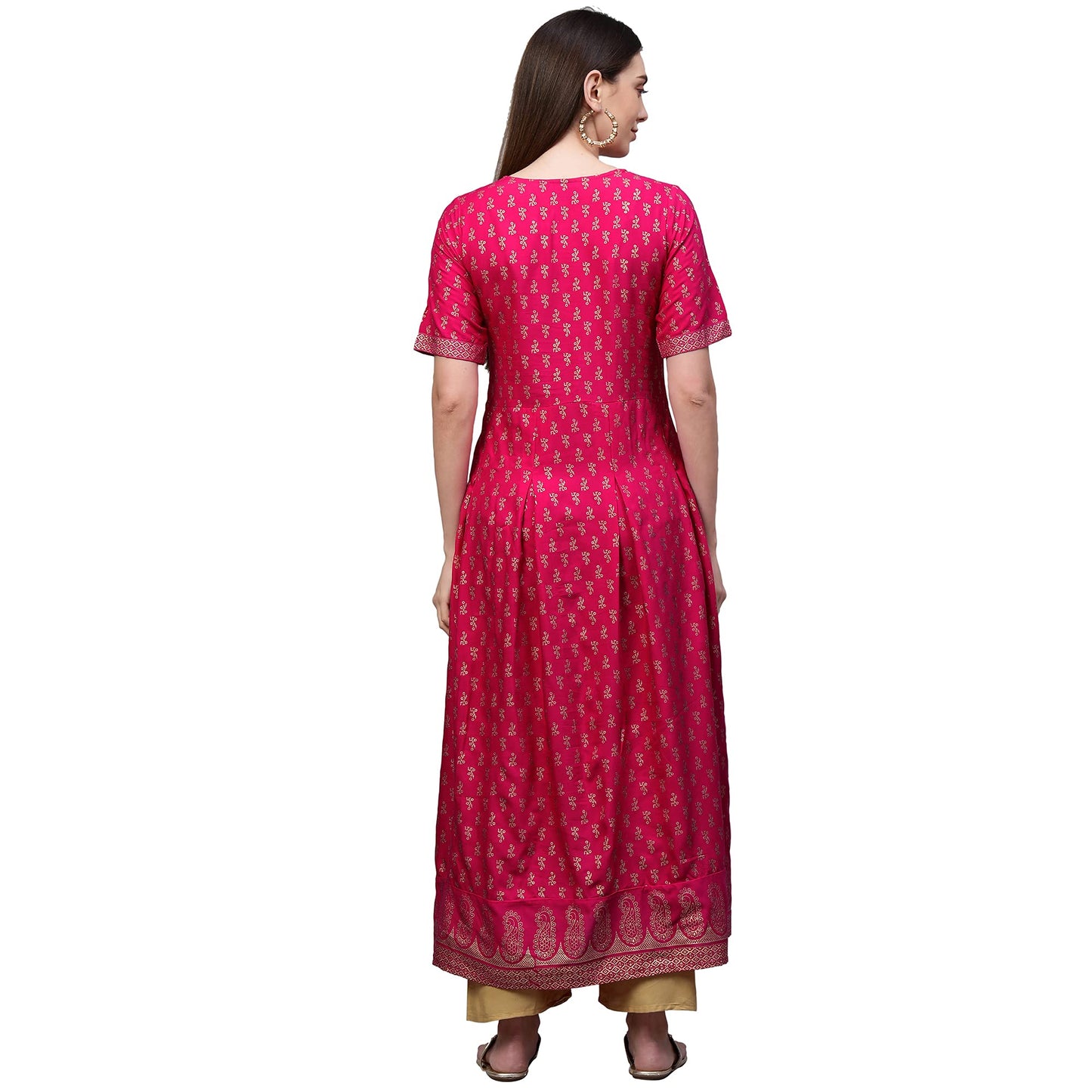 ANNI DESIGNER Women's Rayon Printed Anarkali Kurta (NINECOLOR Pink-STY)