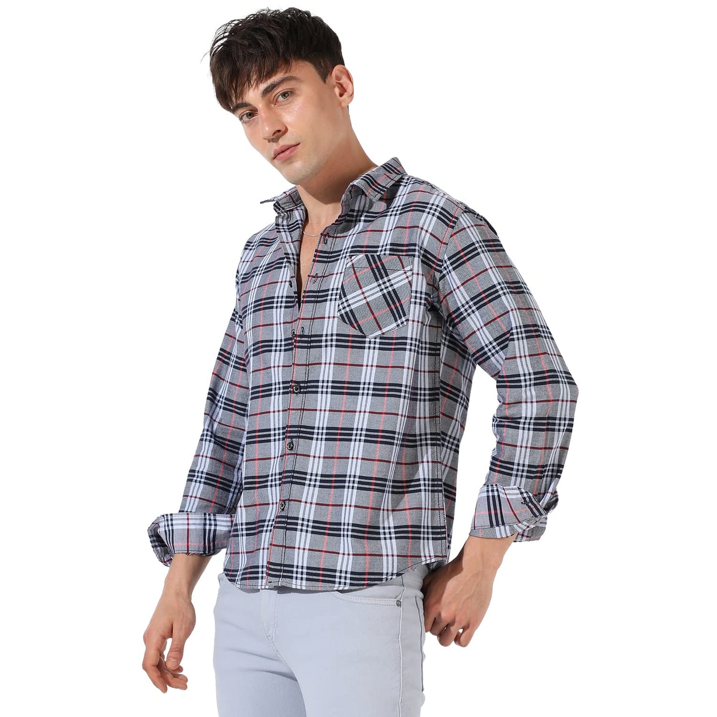 Campus Sutra Mens Checkered Grey Button Up Collared Shirt for Casual Wear | Shirt Crafted with Regular Sleeve, Comfort Fit & Hi