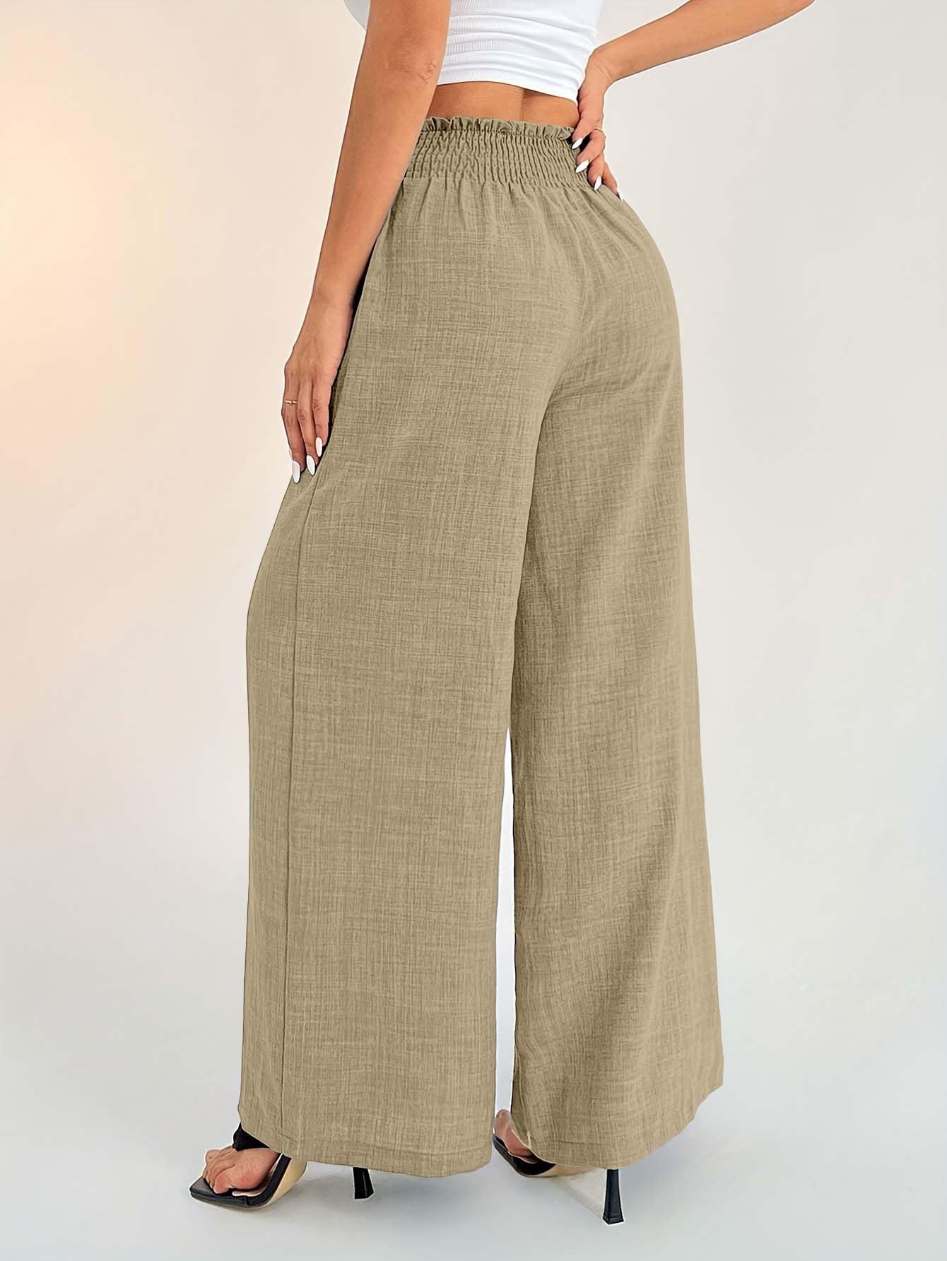 Sugathari Womens Beige Casual Wide Leg Pants  High Waist Elastic Waistband Loose Fit Long Trousers | Lightweight Straight Leg S