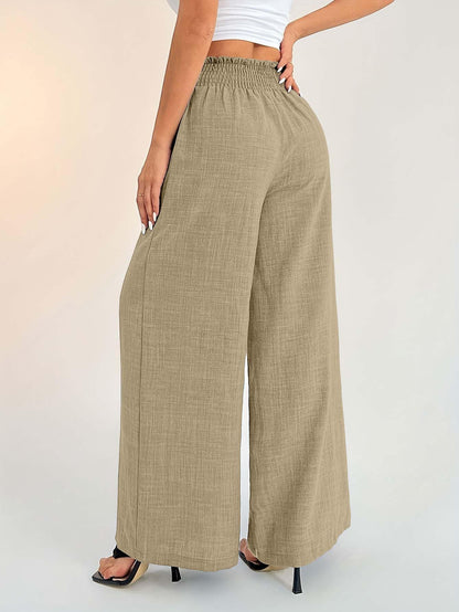 Sugathari Womens Beige Casual Wide Leg Pants  High Waist Elastic Waistband Loose Fit Long Trousers | Lightweight Straight Leg S