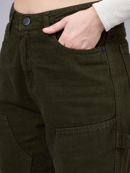 Style Quotient Women Relaxed Fit High Rise Carpenter Jeans Olive