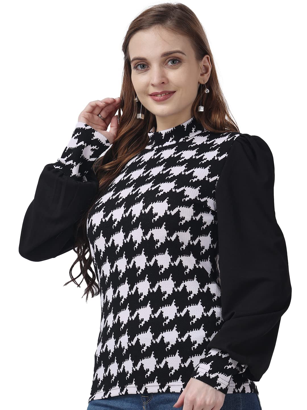 POPWINGS Casual Printed Solid Top for Women || Long Puff-Sleeves Women Top || Round-Neck Top for Women || Stylish Latest Western