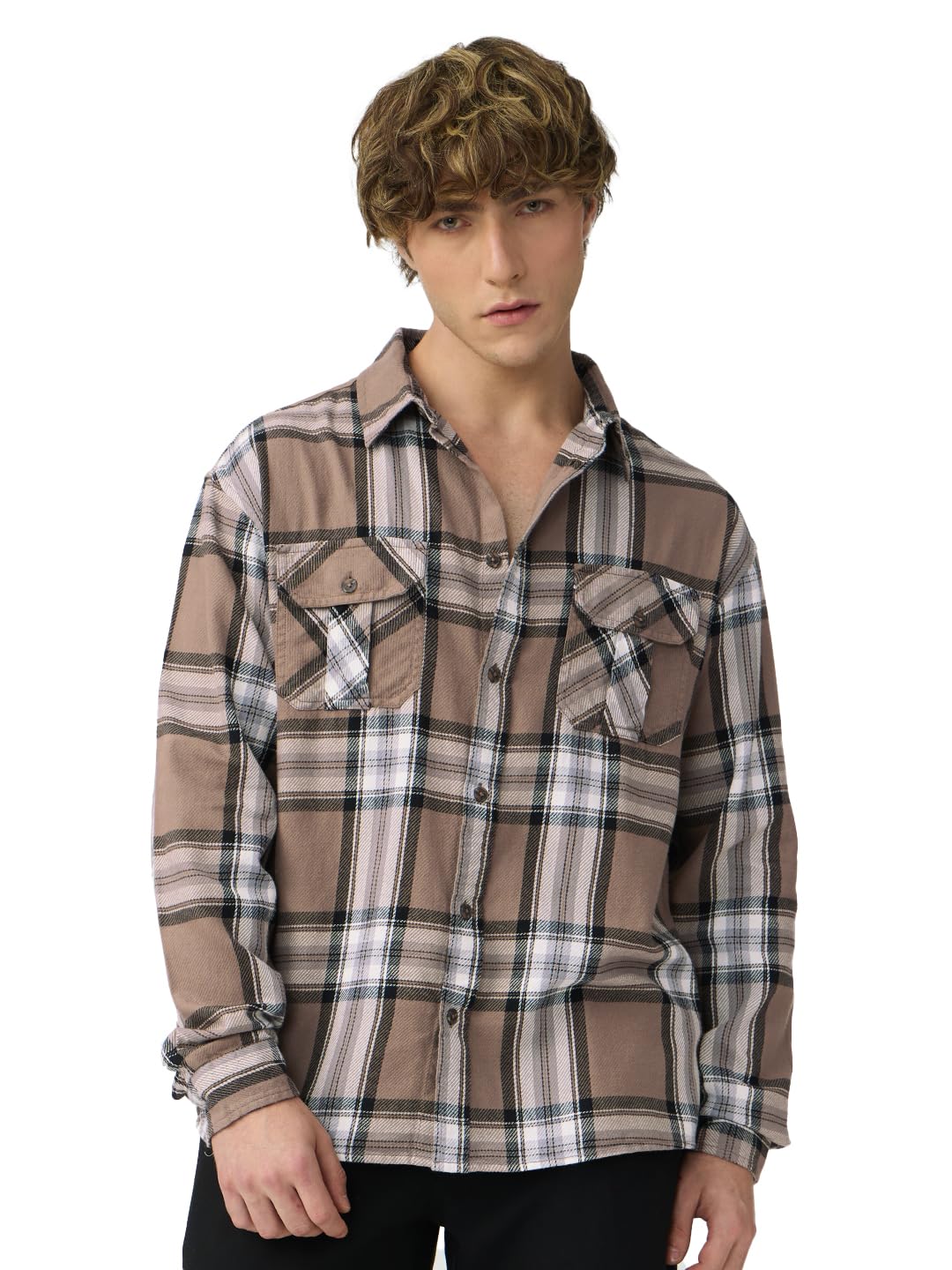 The Souled Store Tan Men and Boys Long Sleeves Collared Neck Button Front Plaid Brown Cotton Relaxed Shirts