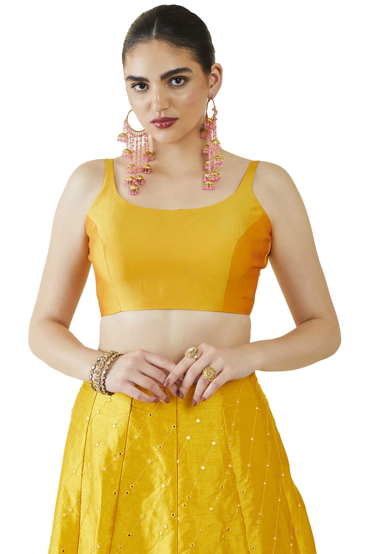 Soch Womens Mustard Taffeta Solid Sleeveless Padded Blouse
