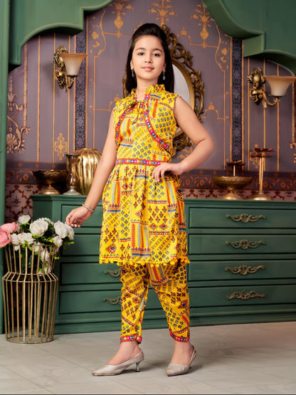 Aarika Girls Ethnic Wear Yellow Colour Abstract Print Crepe Kurti Patiala Set With Jacket (4-13 Years)