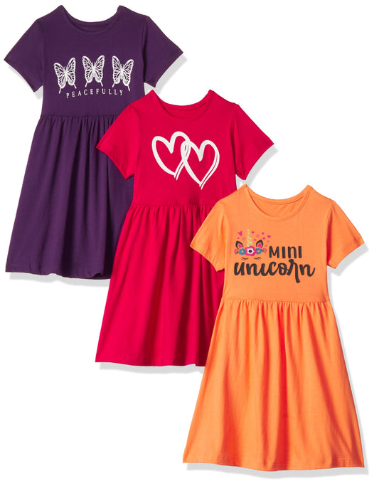 T2F Girls Printed Cotton Casual Knee-Length Dress(Pack Of 3)