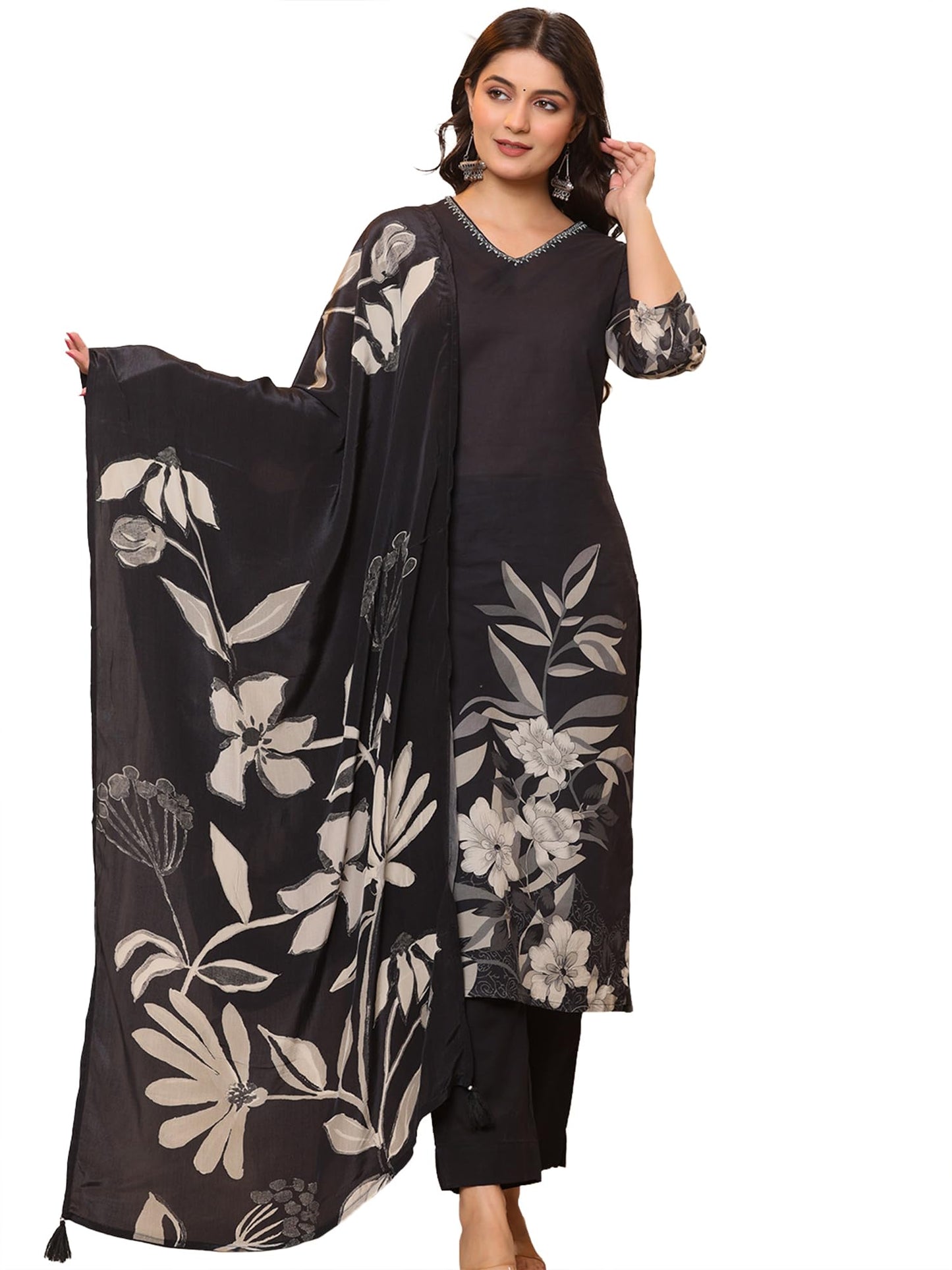 Varanga Women Floral Placement Printed V Neck Thread Embroidered Kurta With Trouser & Dupatta